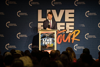 Charlie Kirk speaks to students at an on-campus event at Texas Christian University in 2023. His stop at TCU was part of his Live Free Tour. 